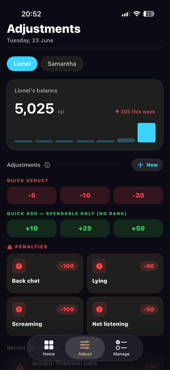 Adjust XP and points in a tap