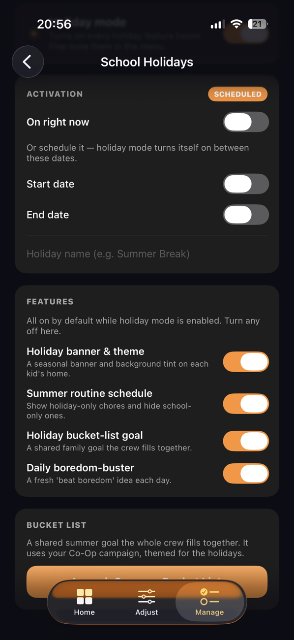 School holidays mode